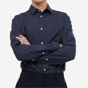 H&M Men's Slim Fit Easy-iron Button down Shirt in‎ Navy blue/white, Dotted
